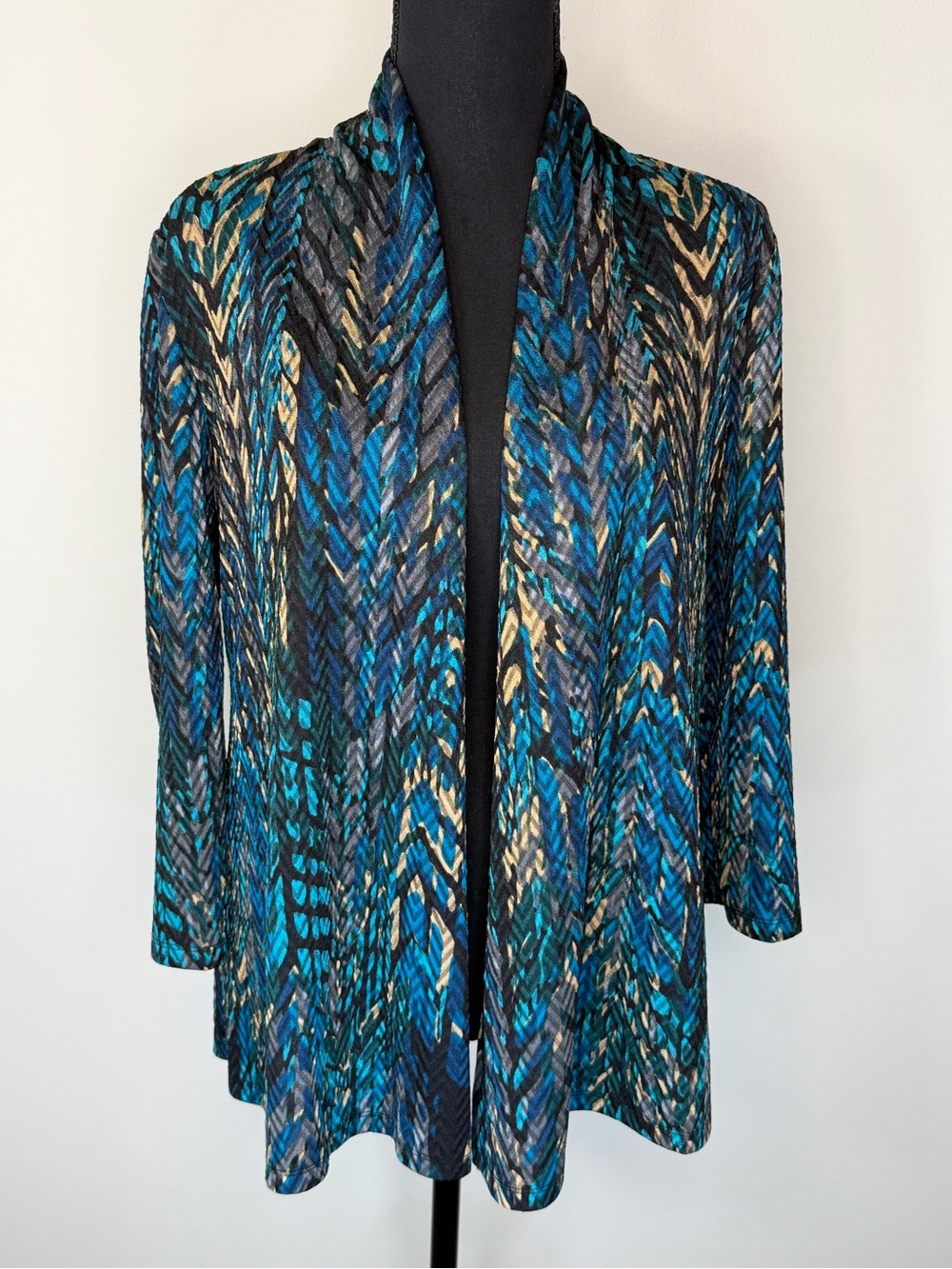 Kasper Sweater Cardigan Womens Small Blue Geometric Open Front Lightweight Knit